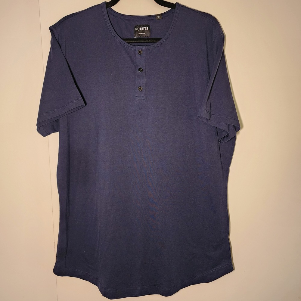 Cuts Henley Mens XXL Navy Blue Excellent Curve-Hem Short Sleeve Premium Tee
